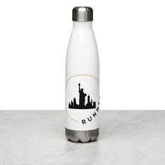 a stainless steel water bottle with the word runny printed on it