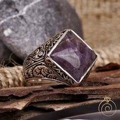 Men's AMETHYST gemstone signet ring which will give you a head turning presence. This mystic, vintage style, engraved ring has a unique design for the polished, refined, and distinguished man. Perfect for casual and formal events, it will make your friends envious as you walk into the room full of confidence and pride. Looking for a unique, one of a kind GIFT FOR HIM, groomsman gift, father's day gift, teacher day gift? Look no further. This cool blue gemstone ring is the right answer and best g Mystical Gemstone Rings For Collectors, Mystical Collectible Gemstone Rings, Spiritual Sterling Silver Signet Ring With Gemstone, Symbolic Gemstone Signet Ring As Gift, Mystical Gemstone Rings For Formal Occasions, Classic Amethyst Signet Ring As Gift, Classic Amethyst Signet Ring For Gift, Amethyst Signet Ring With Polished Finish As Gift, Spiritual Gemstone Signet Ring For Anniversary