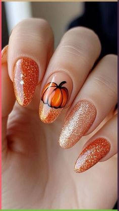 Fall Nail With Pumpkin, Nails Inspiration Pumpkin, Fall Nails With A Pumpkin, Blue Pumpkin Nail Art, Easy Fall Acrylic Nails, Sparkly Pumpkin Nails, Fall Nail Designs With Pumpkins, Fall Season Nails Pumpkin, Nail Pumpkin Designs