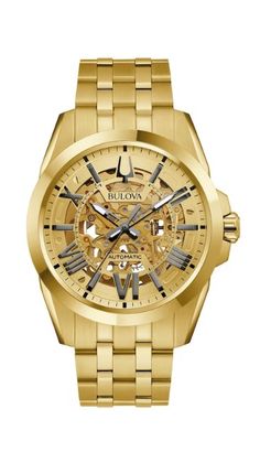 From the Bulova Sutton Collection, this men's watch features a gold-toned skeleton dial with luminous gunmetal grey hands and Roman numeral markers, an open aperture dial on the face and mineral crystal in a 43.0mm gold-toned stainless steel case. Watches | Watchers | Watching | Watchful | Watcher| Watched | Watchs | Smart Watch Bands | Smart Watches & Bands | Apple Watch | Smart Watch Tips | Smart Watch Accessories | Watch Party Recipe | Watch Quote | Watch Party Snack Ideas | Snack Ideas Easy | Snacking Ideas Easy | Snack Ideas Healthy | Snack Ideas For Party | Tips | Tipper | Tipping | Tips home | Gold Jewelry | Gold Diamond | Gold Wedding Band | Toner | Tone | Tone Body | Toners | Toned body | Toned Abs | Tone Body Workout | Tone Girls | Tone Girl | Toned Stomach | Tone woman Watch Party Snacks, Luxury Yellow Gold Watch With Skeleton Dial, Gold Stainless Steel Chronograph Watch With Skeleton Dial, Watch Party Food, Gold Luxury Chronograph Watch With Skeleton Dial, Gold Stainless Steel Automatic Chronograph Watch, Gold Cocktail Watches Bulova, Football Watch Party, Toned Women