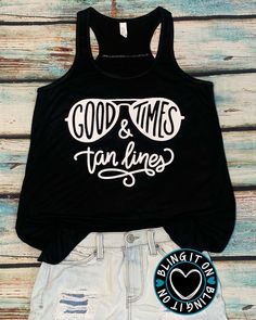 Good Times & Tan Lines on black Bella & Canvas Flowy tank ~ Design done in white with heat transfer vinyl ~ Adult and Youth sizes available ~ 3.7 oz.(US) 6.2 oz.(CA), 65/35 polyester/viscose ~ Relaxed, drapey fit ~ A-line body ~ Shirring at racerback seam ~ Merrowed bottom hem ~ Side seams ~ Tear-away label Questions?? I'm happy to answer any questions you have.. send me a message. RECOMMEND DO NOT DRY... WASH IN COLD WATER ONLY RETURNS: SINCE ALL MY ITEMS ARE CUSTOM MADE, RETURNS WILL B Summer Tank Top With Text Print, Summer Sleeveless Tank Top With Text Print, Sleeveless Tank Top With Text Print For Summer, Casual Summer Tank Top With Text Print, Black Text Print Sleeveless Tank Top, Black Sleeveless Tank Top With Text Print, Fun Black Tops For Beach Season, Summer Sleeveless T-shirt With Text Print, Black Fun Summer Tops