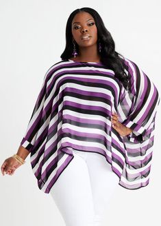 A flowy shape with a sleek neckline, Ashley Stewart's plus size poncho blouse is boldly printed in rich stripes. Chiffon Poncho, Plus Size Poncho, Poncho Blouse, Plus Size Work, Dress Tops, Work Blouses, Poncho Tops, Ashley Stewart, Line Store