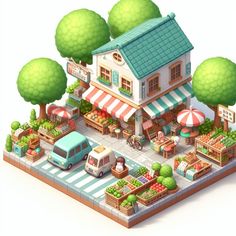 an illustration of a small town with many shops