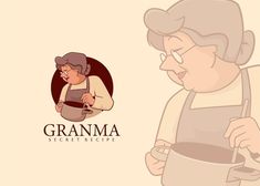 an old woman is cooking in the kitchen logo design for grandma's secret recipe