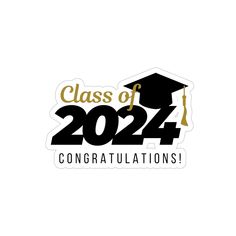 the class of 202 sticker is shown in black and gold with graduation cap on it