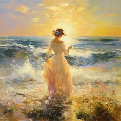 a painting of a woman standing on the beach