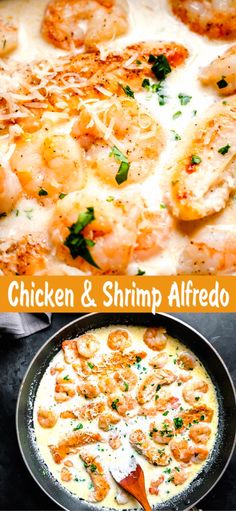 chicken and shrimp alfredo in a skillet