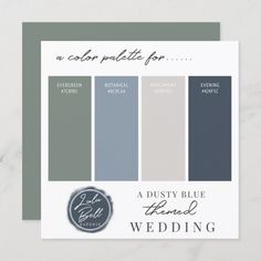 the color palette for a dusty blue wedding is shown in shades of gray and white