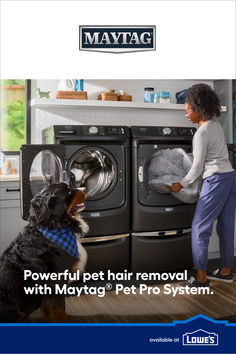 a woman and her dog are looking at the front loader of a washing machine