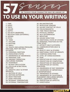 a poster with some writing on it that says,'55 things your character may be aware of to use in your writing