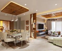 a living room and dining area with white furniture