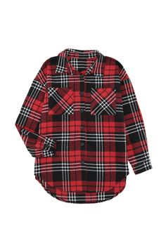 Red Grid Print Boyfriend Shirt Coat Red Collared Flannel Shirt For Fall, Red Relaxed Fit Shirt For Winter, Trendy Red Tops With Pockets, Red Relaxed Fit Collared Flannel Shirt, Trendy Red Top With Pockets, Red Casual Flannel Shirt For Fall, Grid Print, Boyfriend Shirt, Womens Plaid