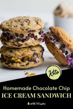 Graphic with a photo of 3 sandwich cookies and the title "Homemade Keto Chocolate Chip Ice Cream Sandwich" Chocolate Chip Ice Cream Sandwich, Cookie Ice Cream Sandwiches, Cookie Ice Cream, Almond Flour Cookies, Keto Cream