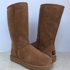 Authentic Ugg Australia Classic Tall Boots The Original Uggs ! Twin-Face Sheepskin Upper 100% Shearling Lining Helps Wick Away Moisture To Help Keep Feet Dry And Warm. Pu Foam Footbed Is Covered With Sheepskin For Added Comfort. Flexible Eva Outsole Ugg Logo Patch On Heel Chestnut Brown This Style Runs Large, Fits Up To A Size 6 Outsole Is 10” Long Total Height Just About 12” Brand New /Not In Original Box But Can Be Shipped In An Ugg Box. Just Ask ! Brown Uggs, Short Brown Boots, Ugg Classic Tall, Black Uggs, Brown Leather Ankle Boots, Short Black Boots, Black Suede Booties, Brown Booties, Shearling Boots