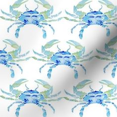 blue crabs on white background with green leaves and watercolor paint in the center, as well as an ocean theme