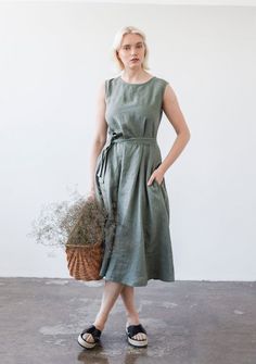 Linen dress with belt Chloe Maxi Dress With Belt, Green Linen Dress, Linen Wrap Dress, Sleeveless Linen Dress, Chloe Dress, Long Linen Dress, Dress For Summer, Green Maxi, Dress Linen