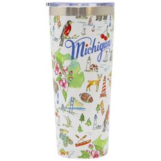 a white travel mug with the words michigan on it and images of different things around it