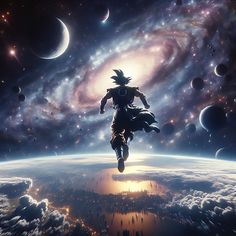 a man flying through the air over a space filled with planets