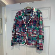 Brooks Brothers All Cotton Sport Coat, Blazer,Jacket. Patcnwork Plaid.Piped In White. Fitted At Waist. Kick Pleat In Back. Multicolor Blazer With Lapel Collar For Work, Multicolor Outerwear With Pockets For Work, Multicolor Workwear Outerwear With Pockets, Tailored Multicolor Outerwear With Notch Lapel, Multicolor Outerwear With Button Closure For Work, Multicolor Button Closure Outerwear For Work, Multicolor Blazer With Pockets For Workwear, Multicolor Blazer With Pockets For Work, Casual Patchwork Blazer For Work