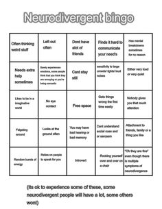 the neurodivergent bingo game is shown in black and white, with words on