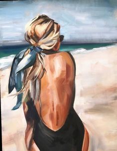 a painting of a woman on the beach looking out at the ocean with her back to the camera