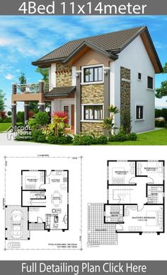 two story house plan with 4 beds and 1 bathrooms