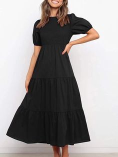 Women's Dresses Gathered Short Sleeve Ruffle Dress Non-stretch Midi-length Ruched Dresses, Knee-length Puff Sleeve Dress With Ruffles, Solid Color Puff Sleeve Dress With Ruffles, Knee-length, Solid Color Knee-length Puff Sleeve Dress With Ruffles, Solid Puff Sleeve Dress With Ruffles, Knee-length, Fitted Tiered Puff Sleeve Dress For Daywear, Fitted Puff Sleeve Tiered Dress For Daywear, Solid Puff Sleeve Dress With Ruffle Hem, Solid Color Puff Sleeve Dress With Ruffle Hem