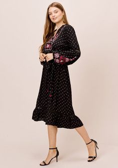 Bohemian Ruffle Midi Dress + Embroidered | LOVESTITCH Long Sleeve Embroidered Dress, Ruffle Midi Dress, High Hips, Bohemian Floral, Sleeve Midi Dress, Midi Dress With Sleeves, Versatile Dresses, Pin Tucks, Embroidered Dress