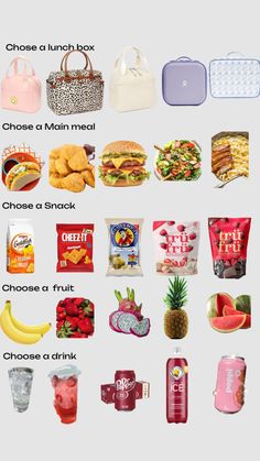 the different types of food are shown in this graphic style, including fruits and vegetables