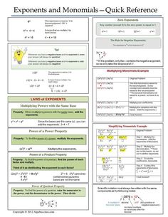 exponents and mononals quick reference worksheet with answers for students