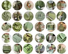 a collage of green and white images with many different things in the middle one