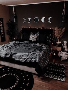 a bed room with a neatly made bed and decorations