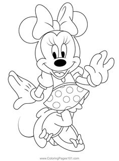 minnie mouse with polka dot dots on her skirt coloring pages for kids to print and color