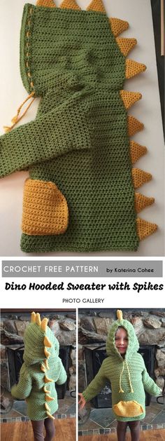 crochet free pattern for a dinosaur hoodie sweater with spikes