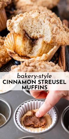 a muffin being dunked into a muffin tin with cinnamon streusel muffins in it