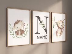 three children's wall art prints with the letter n, monkey and leaves on them