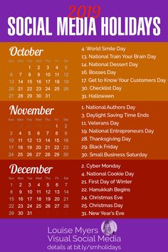 the social media holidays calendar is shown in red, purple and orange colors with dates for each month