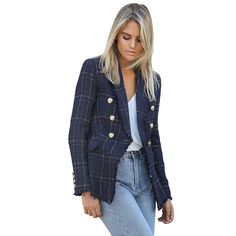 Navy Blue Plaid Print Button Blazer Suit Chic Formal Dress, Tweed Blazer Women, Womens Tweed Jacket, Cozy Jacket, Double Breasted Jacket, Breasted Blazer, Plaid Blazer, Tweed Blazer, Double Breasted Blazer