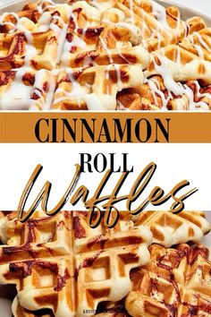 cinnamon roll waffles with white icing on top and the words, roll waffles