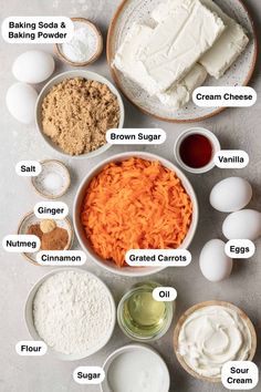 the ingredients for carrot cake laid out in bowls on a gray surface with text above them