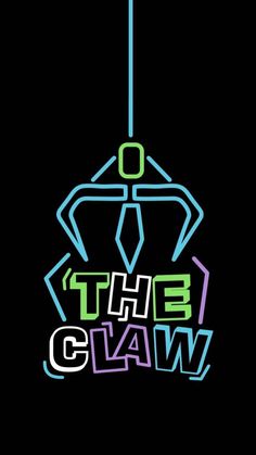 the claw logo on a black background with neon colors and an image of a man hanging from