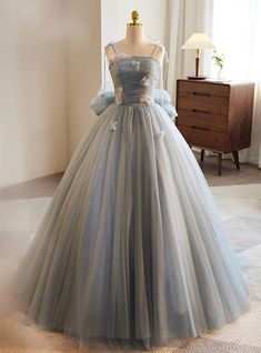 Tulle Gown With Spaghetti Straps For Prom, Prom Ball Gown With Spaghetti Straps And Fitted Bodice, Prom Ball Gown With Fitted Bodice And Spaghetti Straps, Spaghetti Strap Ball Gown With Fitted Bodice For Prom, Fitted Ball Gown With Spaghetti Straps For Debutante Ball, Fitted Spaghetti Strap Ball Gown For Debutante Ball, Tulle Gown With Spaghetti Straps For Debutante Ball, Spaghetti Strap Tulle Gown For Debutante Ball, Elegant Spaghetti Straps Ball Gown For Debutante Ball