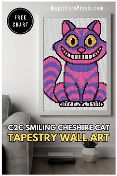 a pink and purple cat with big eyes on it's face is featured in this cross stitch pattern