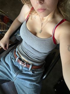 Tank Top And Jeans Outfit Aesthetic, Cargos And Tank Top, Bra Showing Under Tank Top, Fitted Tank Top Outfits, Jean Belt Outfit, Baggy Tank Top Outfit, Tank Top Over Sweater, Baggy Jeans Small Top Outfit, Blue Tank Top Outfit Aesthetic