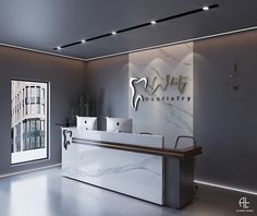 the front desk of a dental office with marble counter tops and white walls, along with a large clock