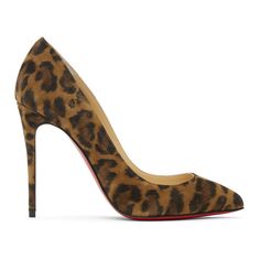 Suede heels in brown featuring leopard pattern in black and brown throughout. Pointed toe. Covered stiletto heel. Signature red leather sole. Approx. 3.5 heel.Supplier color: Leopard Leopard Print Heels With 4-inch Pointed Toe, Luxury Leopard Print Leather Heels, Luxury Pointed Toe Leopard Print Heels, Luxury Leopard Print Pointed Toe Heels, Leopard Print Heels With Pointed Toe And 4-inch Heel, Chic High Heel Calf Hair Shoes, Chic High Heel Calf Hair Heels, Chic Calf Hair High Heels, Chic Leopard Print Heels With 4-inch Heel