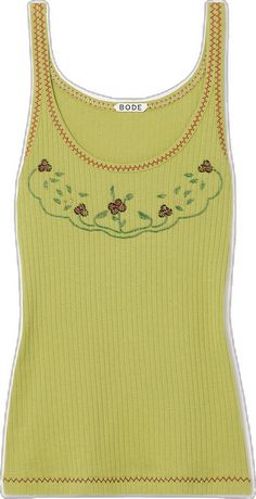 Fitted Embroidered Tank Top For Spring, Embroidered Fitted Tank Top For Spring, Fitted Floral Embroidery Tank Top, Fitted Tank Top With Floral Embroidery, Fitted Cotton Tank Top With Floral Embroidery, Spring Embellished Stretch Tank Top, Spring Stretch Embellished Tank Top, Fitted Floral Embroidery Tank Top For Spring, Green Embroidered Sleeveless Top