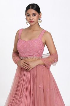 Onion pink lehenga with cutdana, beads and resham hand embroidery. Comes with a padded blouse and a dupatta. - Aza Fashions Pink Sleeveless Semi-stitched Anarkali Set, Pink Sleeveless Lehenga With Resham Embroidery, Sleeveless Pink Lehenga With Resham Embroidery, Designer Sleeveless Pink Anarkali Set, Pink Sleeveless Lehenga, Pink Sleeveless Sharara For Navratri, Pink Sharara With Resham Embroidery, Pink Sleeveless Traditional Wear With Resham Embroidery, Sleeveless Pink Lehenga For Wedding