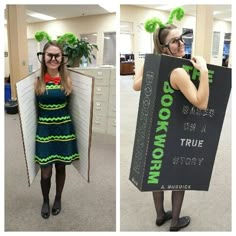 two women dressed up in costumes and holding signs with green pom - poms