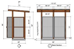 the plans for an outdoor storage shed are shown in three different sizes and colors, with measurements